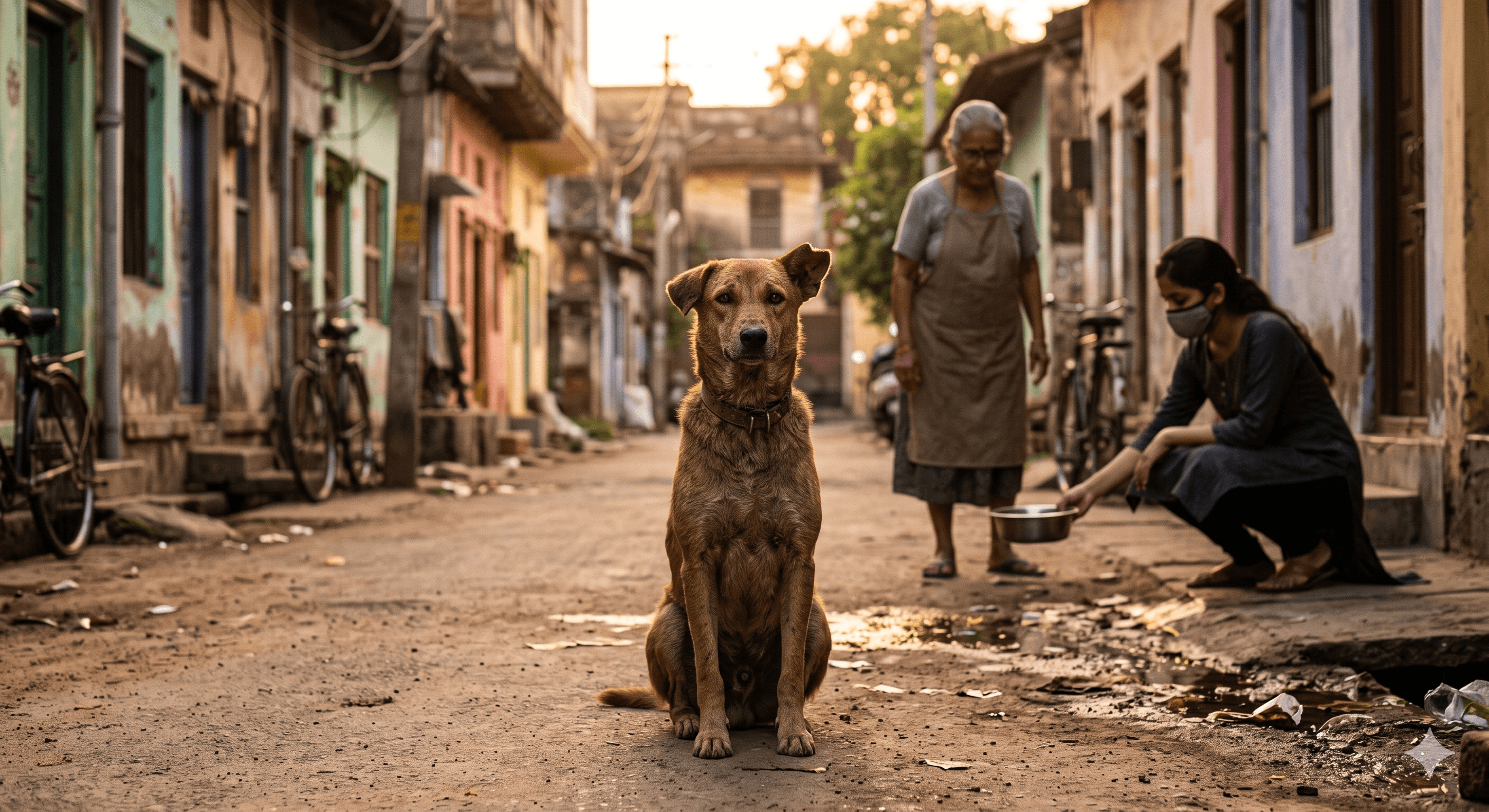 A brown Indian street dog with a half-torn ear sits in warm evening light while blurred caregivers tend to animals in the background.